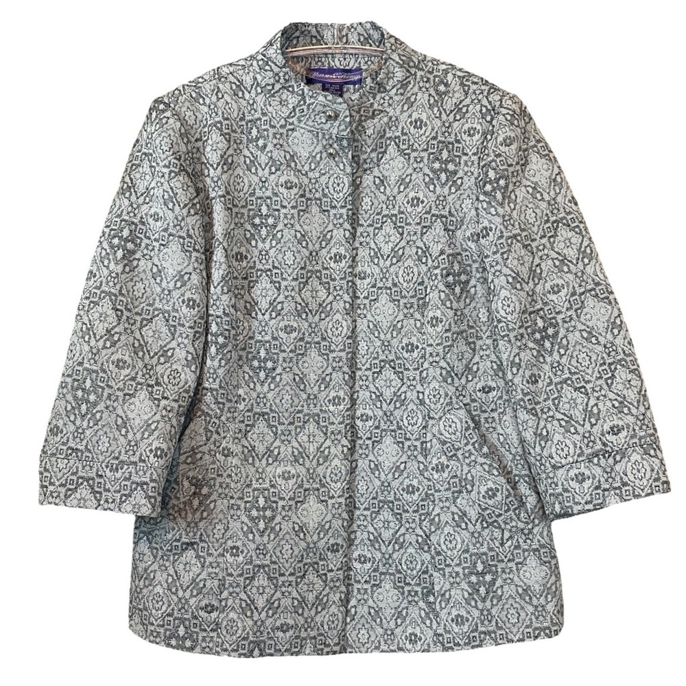 Russell Kemp Geo Print Metallic Glitter Formal Blazer Jacket Silver Gray Size 12